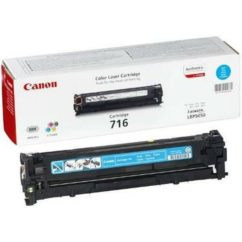 Une cartouche laser couleur cyan Canon avec sa boîte.