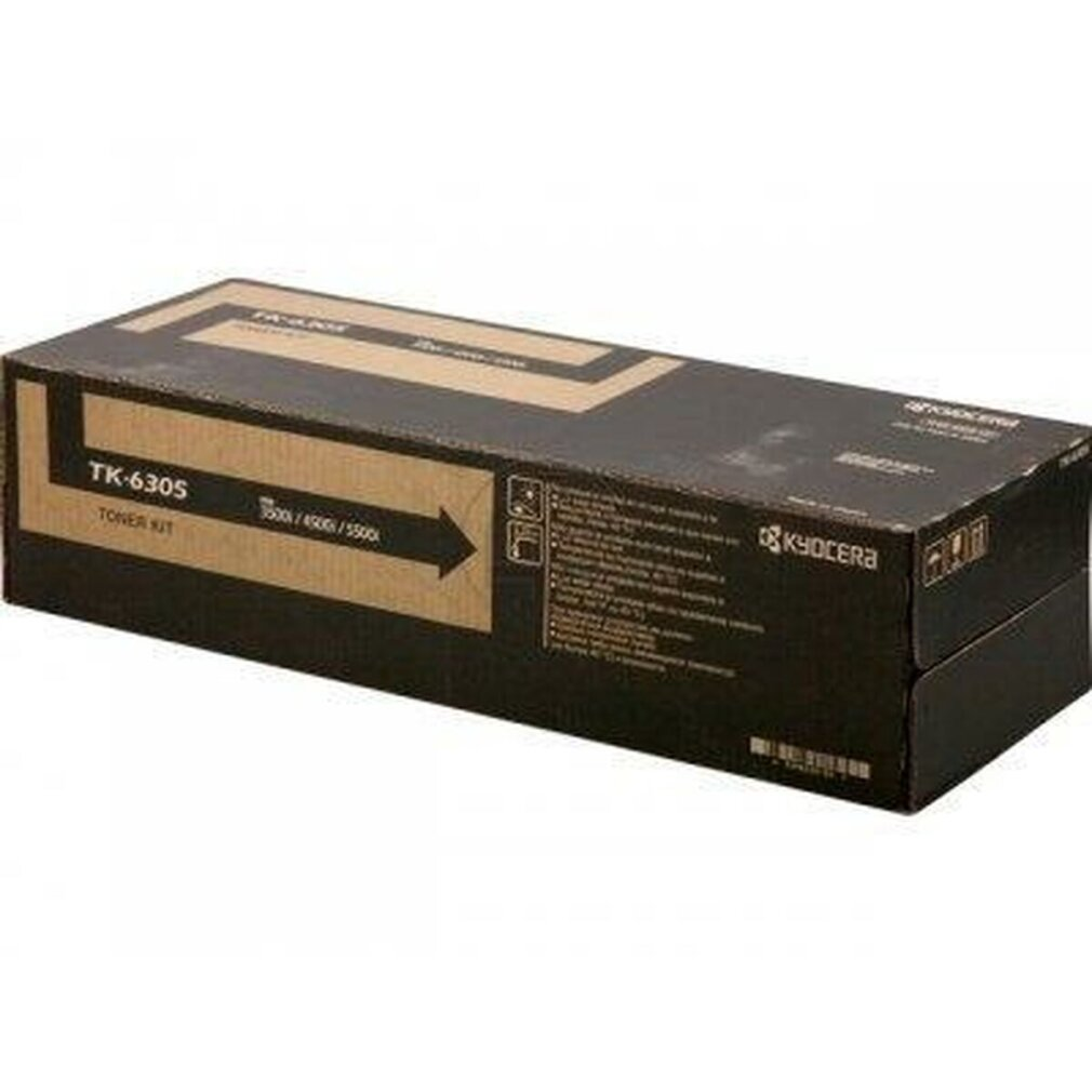 Una scatola di toner nera con una freccia nera e testo. La scatola dice 'TK-6305 TONER KIT'.