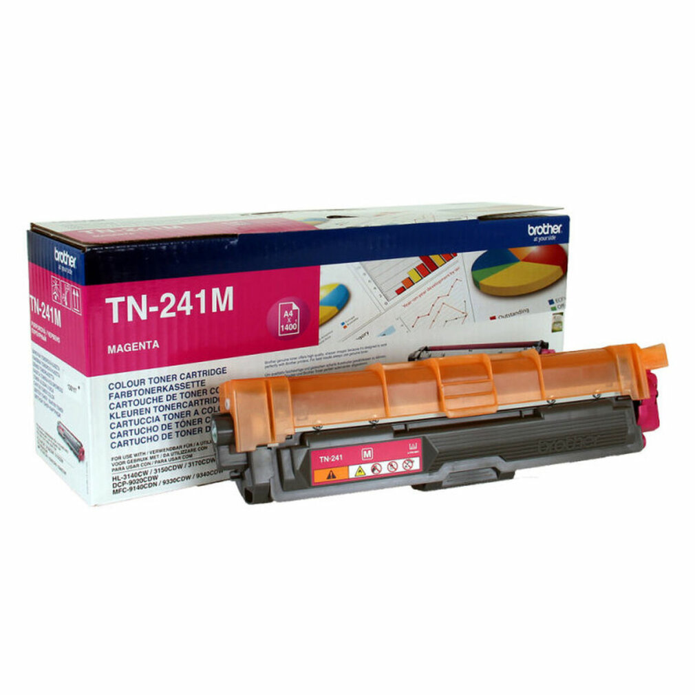 A magenta toner cartridge with a pink and blue box. The box says 'TN-241M' and 'brother'.
