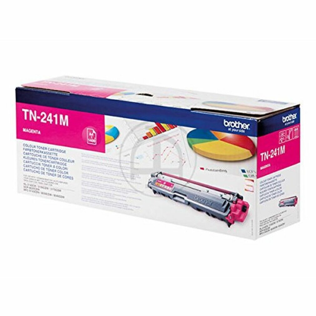 A magenta toner box that says 'TN-241M' and 'brother'. The box has charts and a toner cartridge image.
