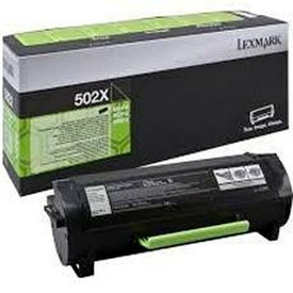 Een zwarte tonercartridge en doos. De doos zegt 'LEXMARK 502X'.