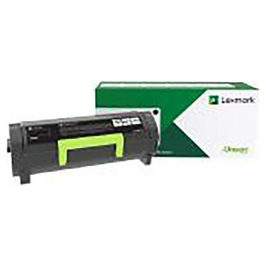Eine schwarze Tonerkartusche mit grünem Hebel und Schachtel. Auf der Schachtel steht 'LEXMARK' und '502X'.