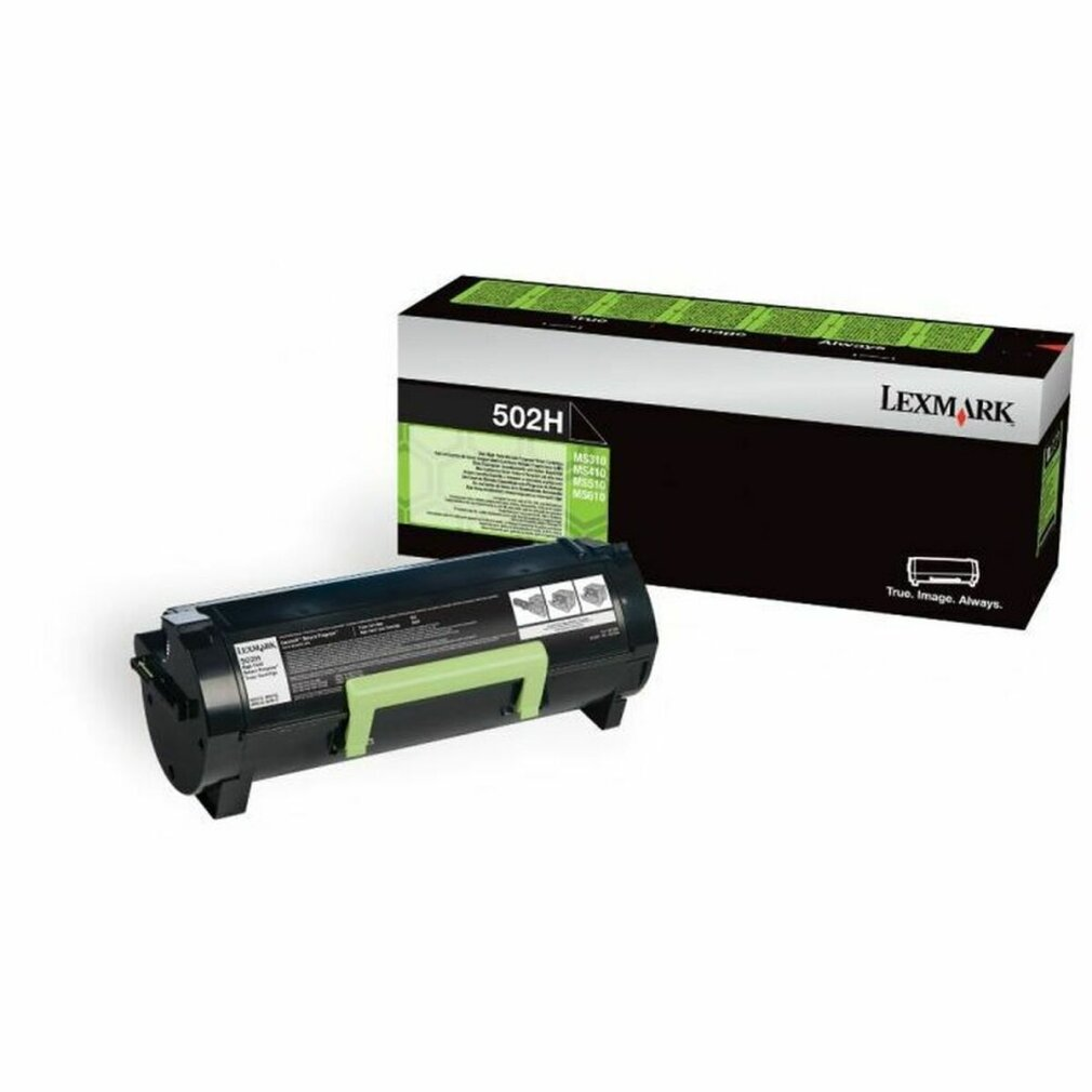 Een zwarte tonercartridge met een groene hendel en doos. De doos zegt 'LEXMARK' en '502H'.