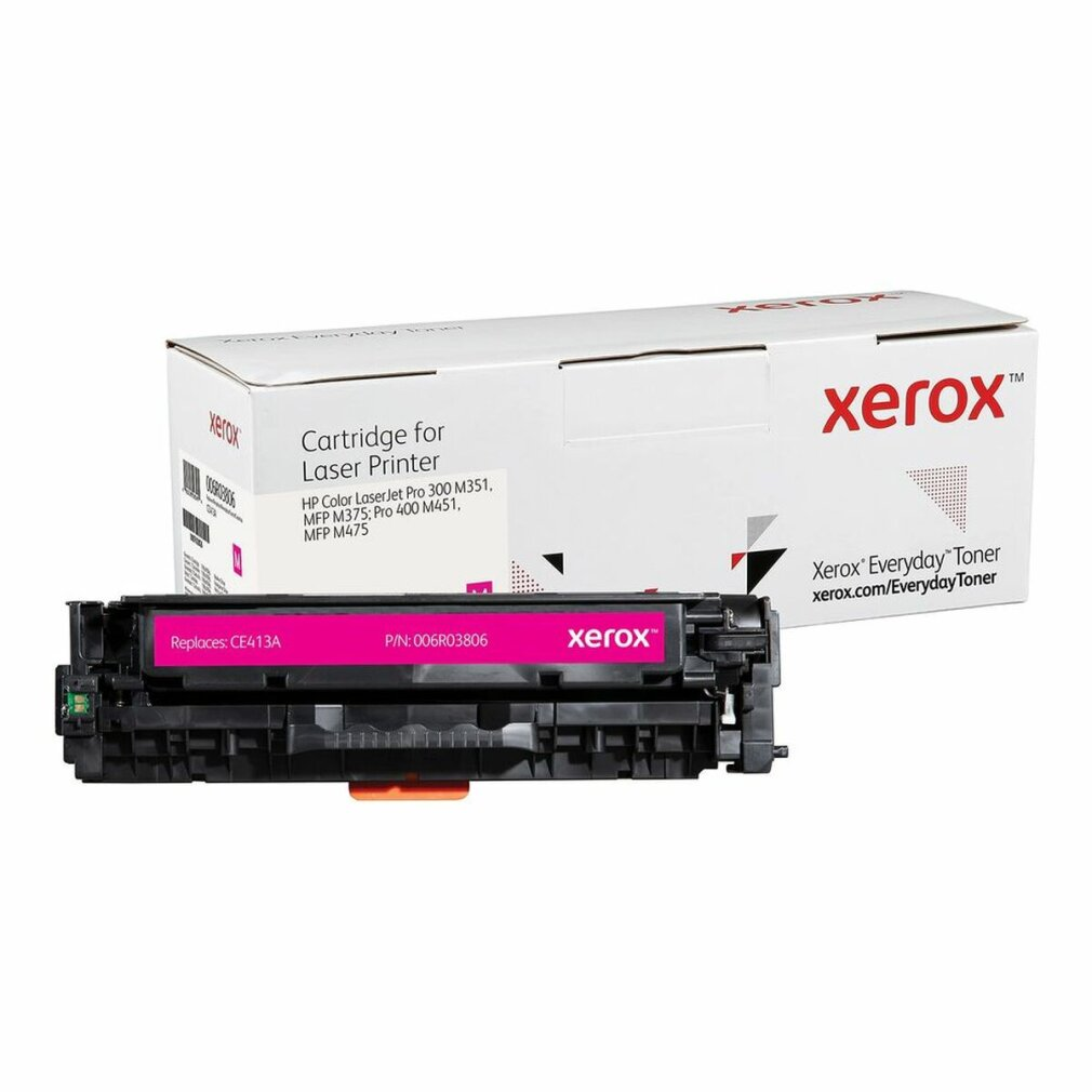 Wkład z tonerem w kolorze magenta i białe pudełko z napisem 'xerox'. Na pudełku napis 'Cartridge for Laser Printer'.