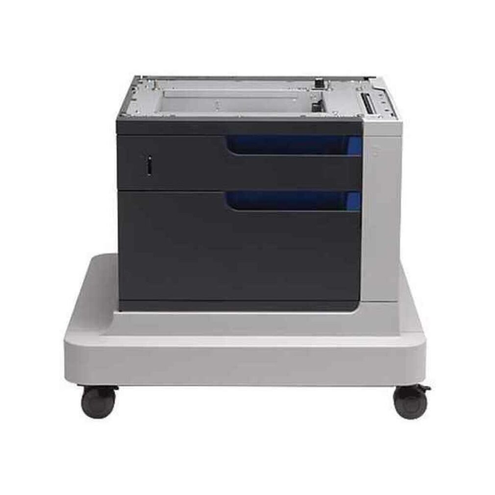 Podstawa drukarki na kółkach. To biała podstawa z czarno-szarą drukarką na górze.