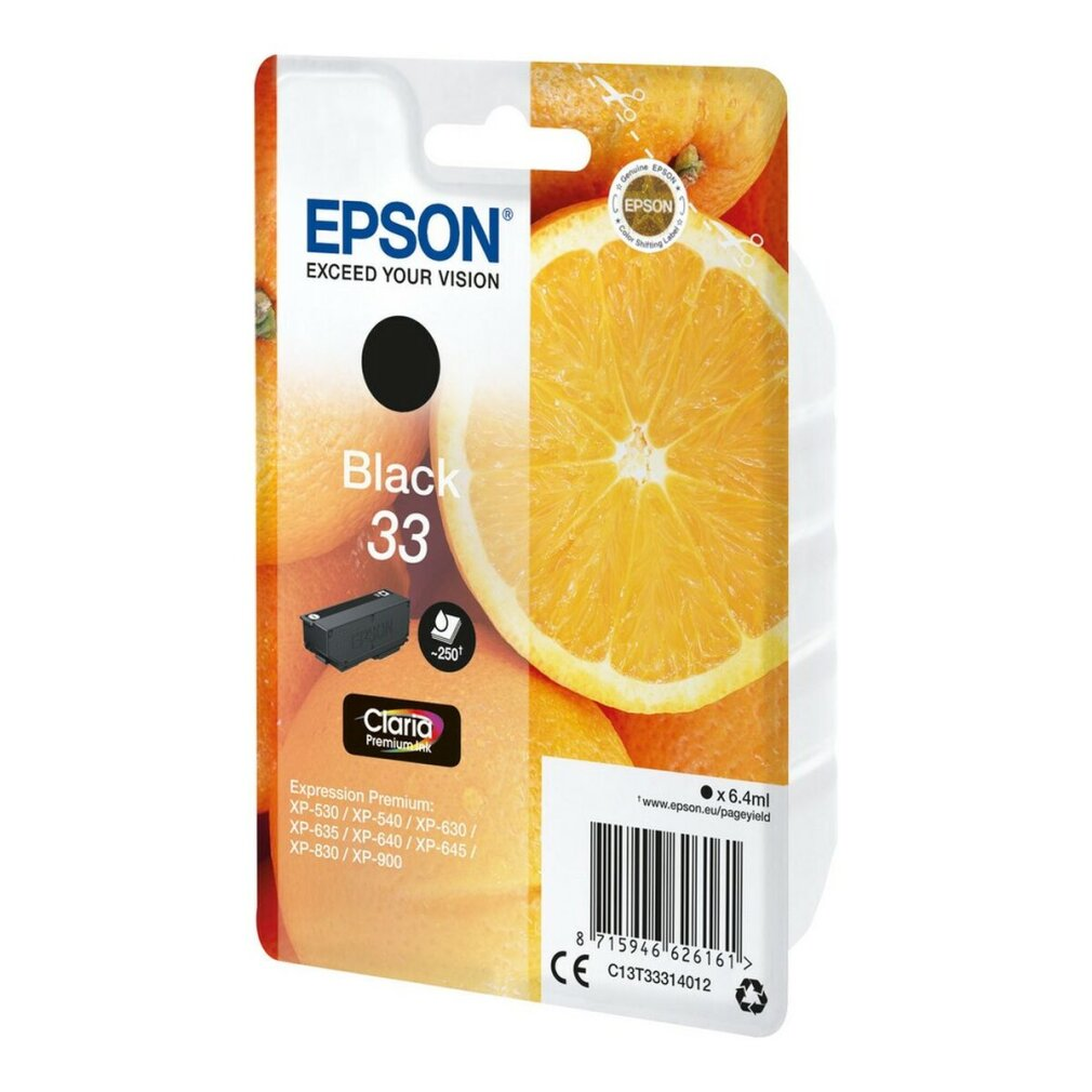 Une cartouche d'encre Epson noire sur un emballage avec des tranches d'orange. L'emballage indique 'Black 33'.