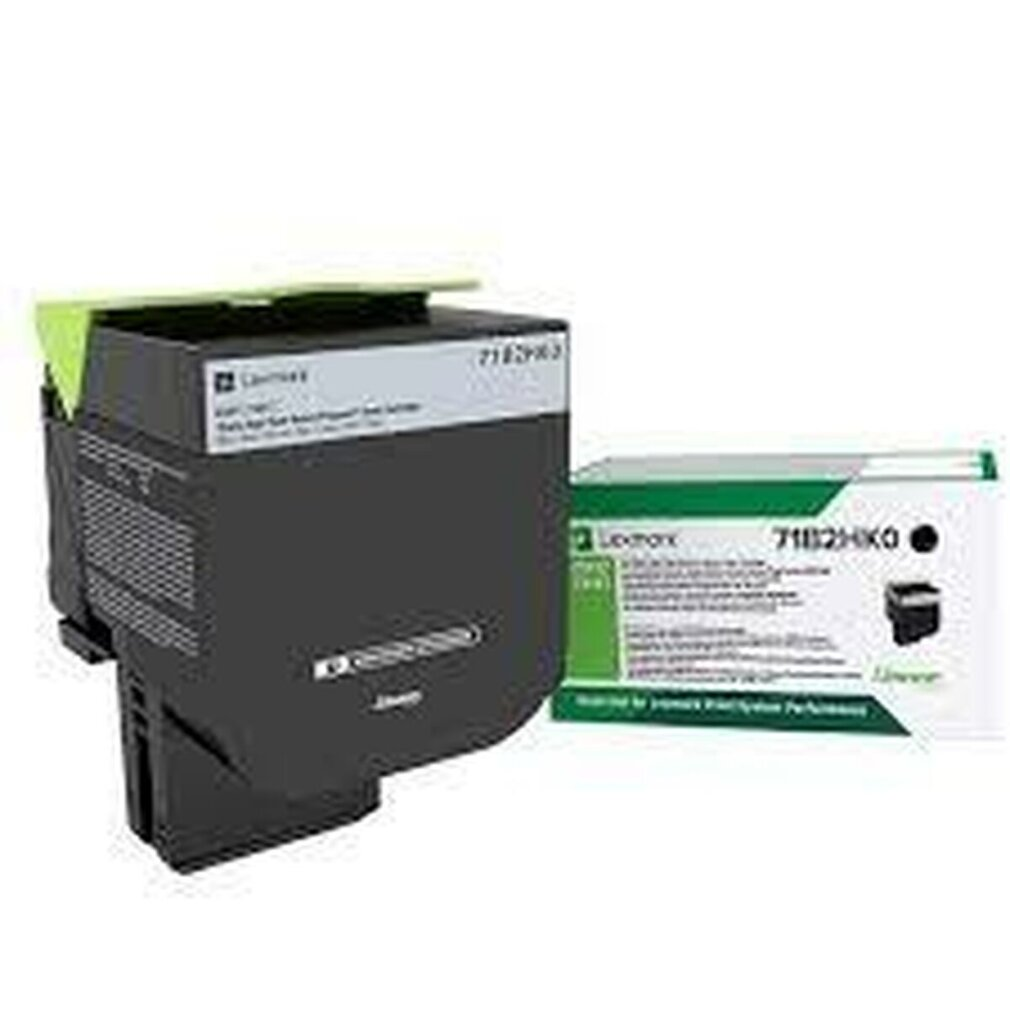 Una cartuccia toner e una scatola Lexmark nere. La scatola dice '71B2HK0' e la cartuccia è nera.