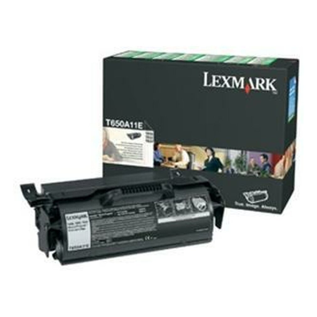 Una cartuccia toner e una scatola Lexmark nere con persone sopra. La scatola dice 'T650A11E'.