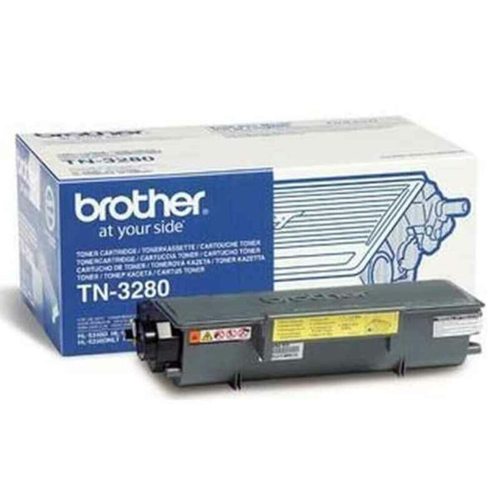 La cartouche de toner Brother TN-3280 est devant sa boîte avec le logo Brother.