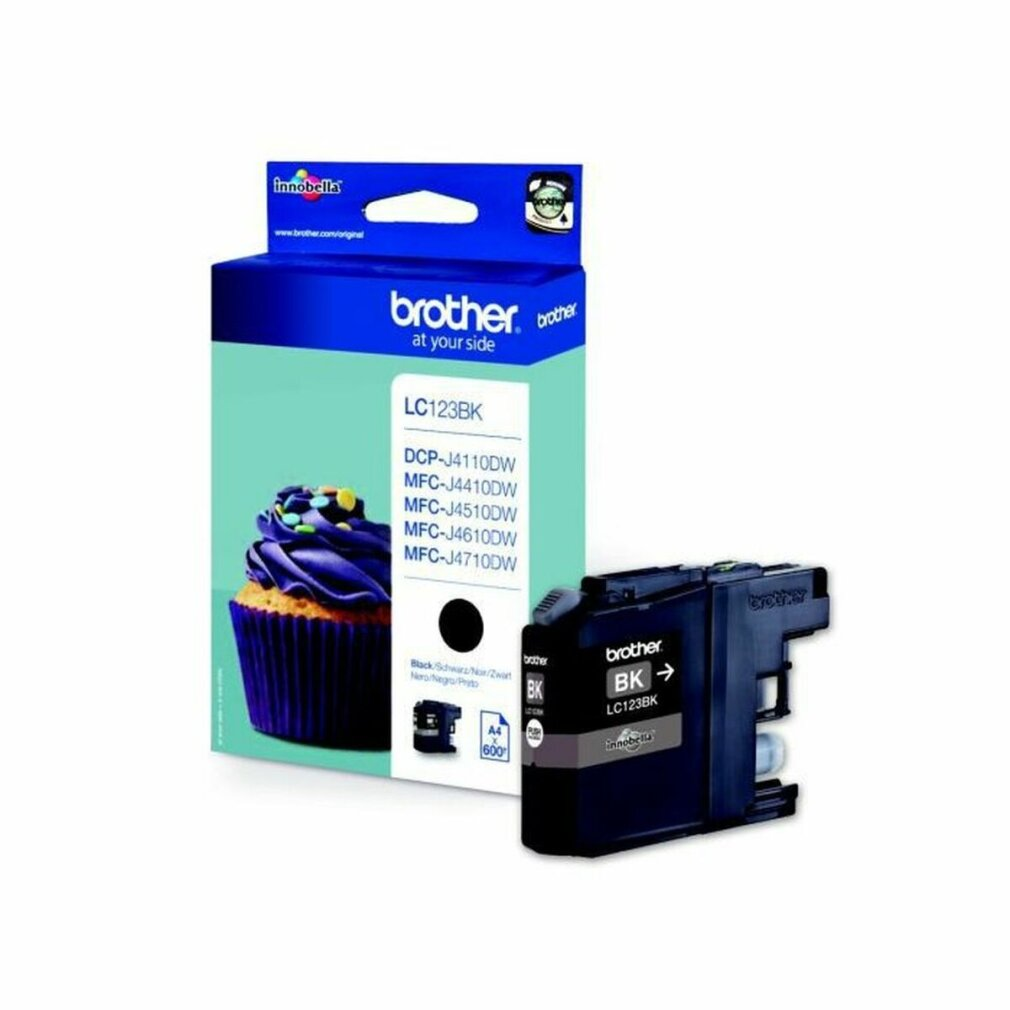 Een Brother inktcartridge doos en een zwarte inktcartridge met een cupcake op de doos.