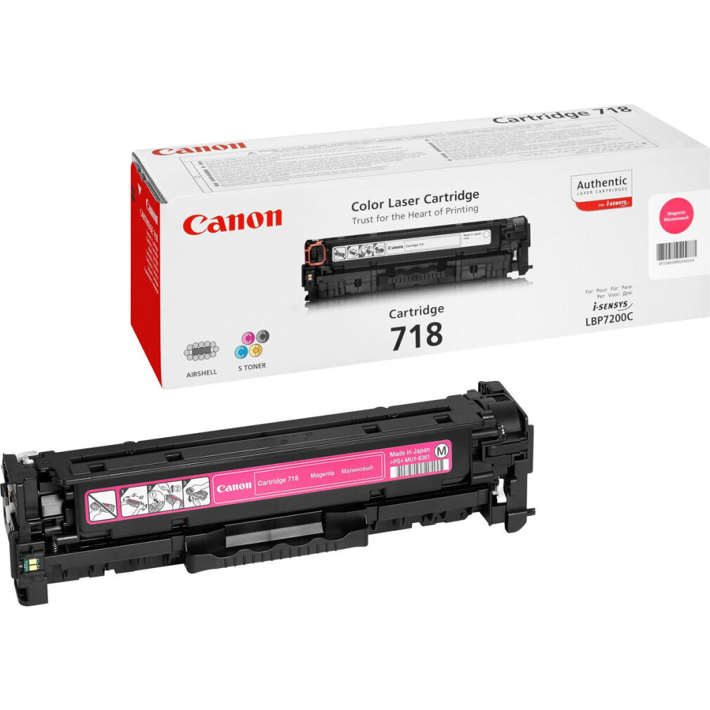 Une cartouche laser couleur magenta Canon devant sa boîte.