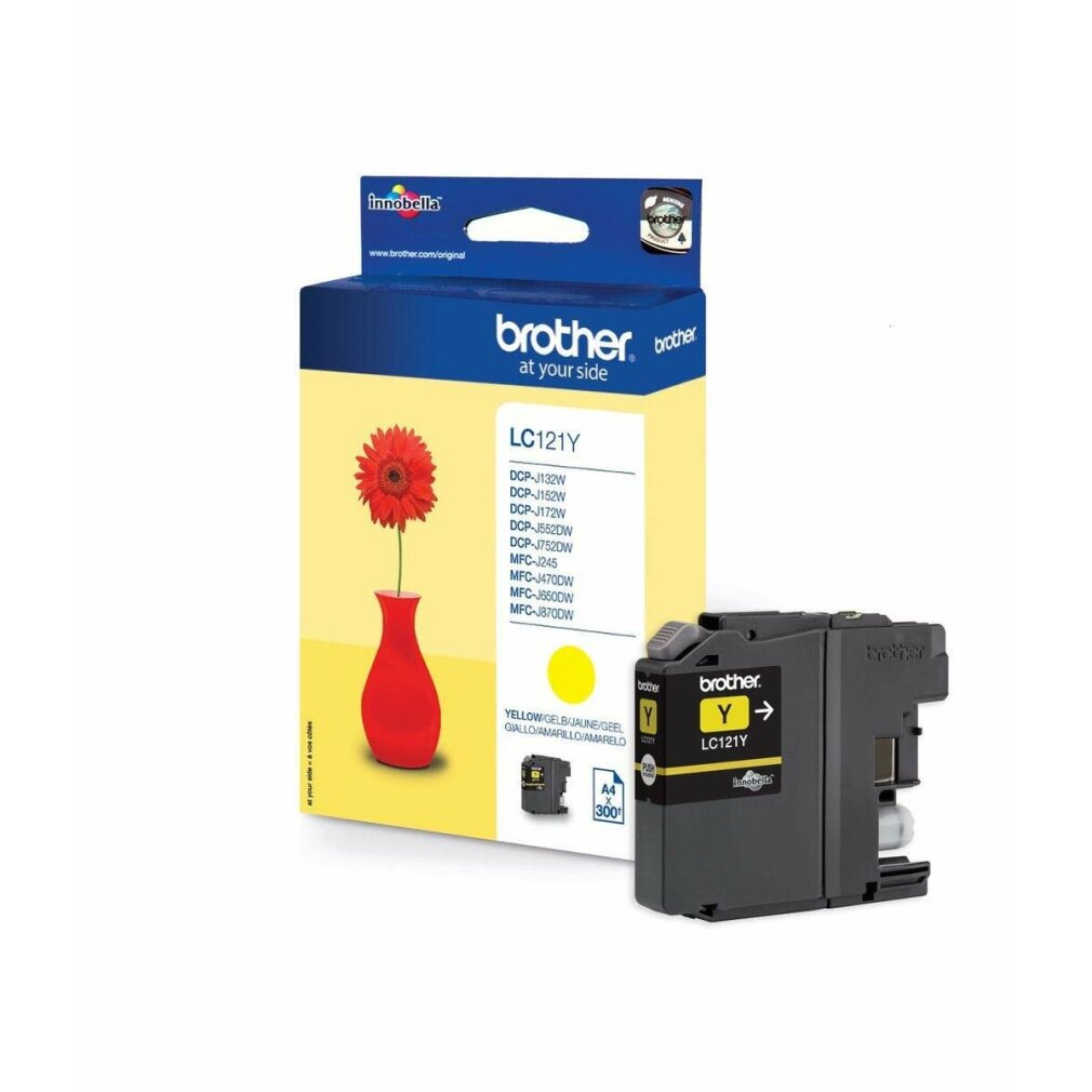 Brother ink cartridge box. Yellow box with a yellow ink cartridge and a red flower vase.