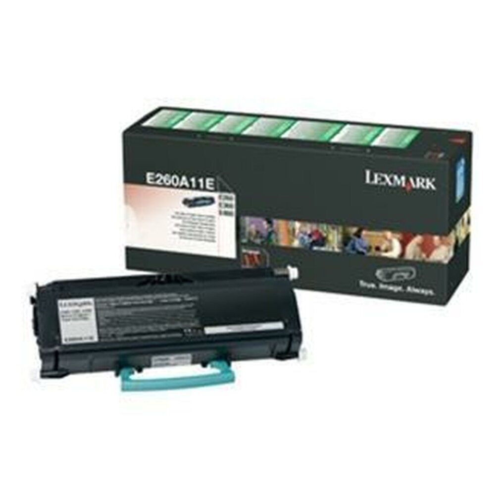 Lexmark-Tintenpatrone und -Box. Die Patrone ist schwarz mit blauem Griff. Die Box ist schwarz.