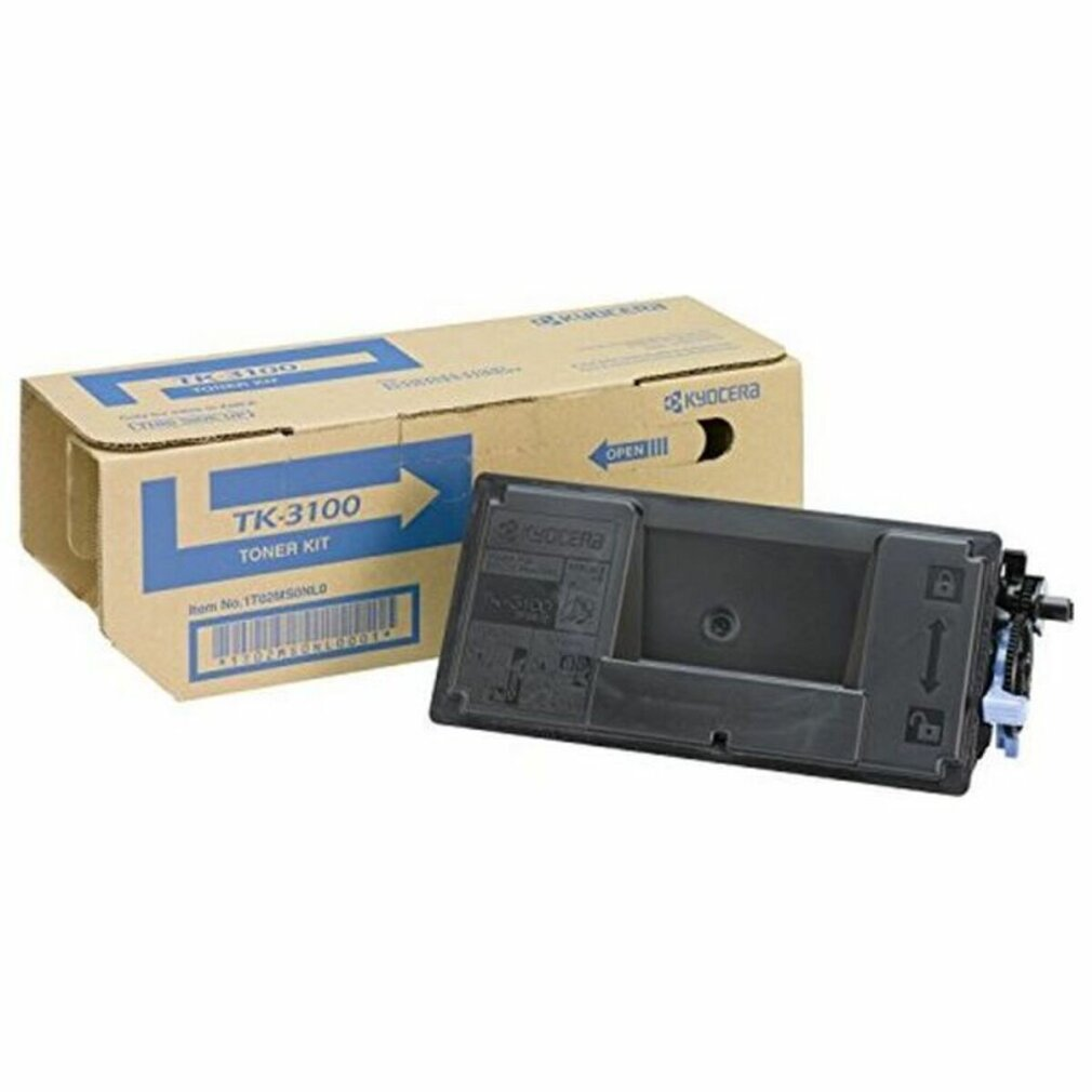Kyocera-Tonerkartusche und -Box. Die Box ist braun, die Kartusche ist schwarz.