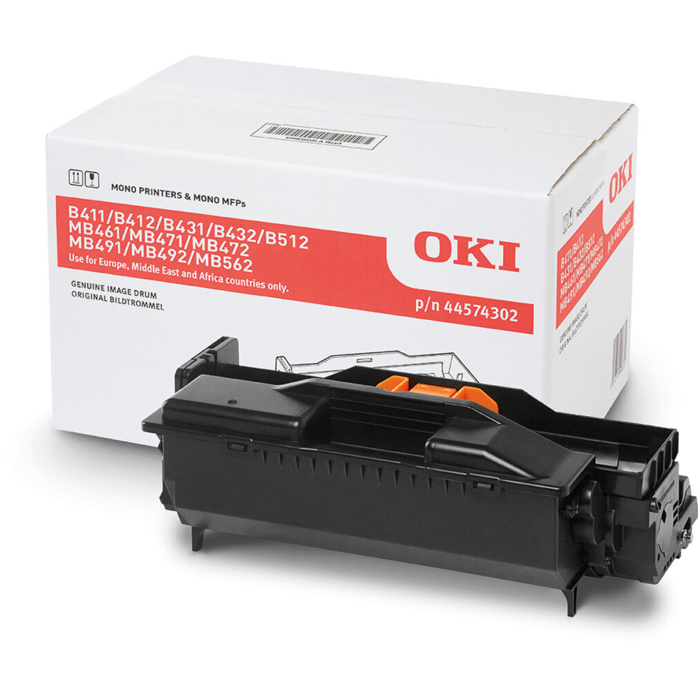 OKI toner kartuşu ve kutusu. Kutu beyaz, kartuş siyah ve turuncu parçalı.