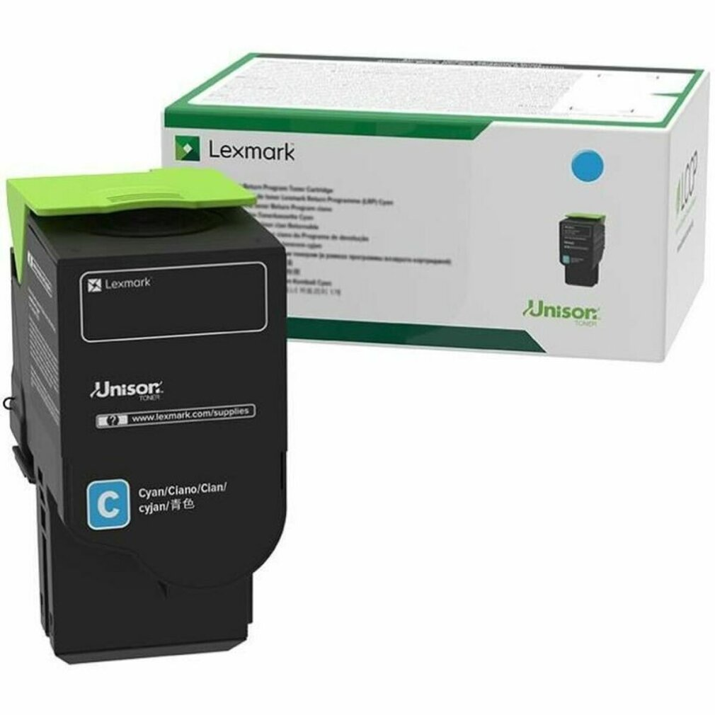 Czarny i cyjanowy toner Lexmark z zieloną górą, obok pudełka Lexmark.
