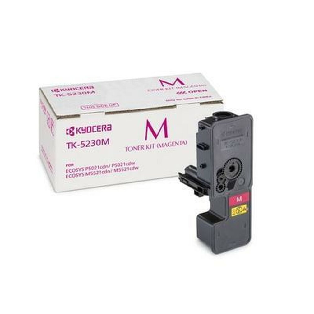 Un cartucho de tóner magenta Kyocera con una caja detrás, etiquetado con 'M' y 'TONER KIT'.
