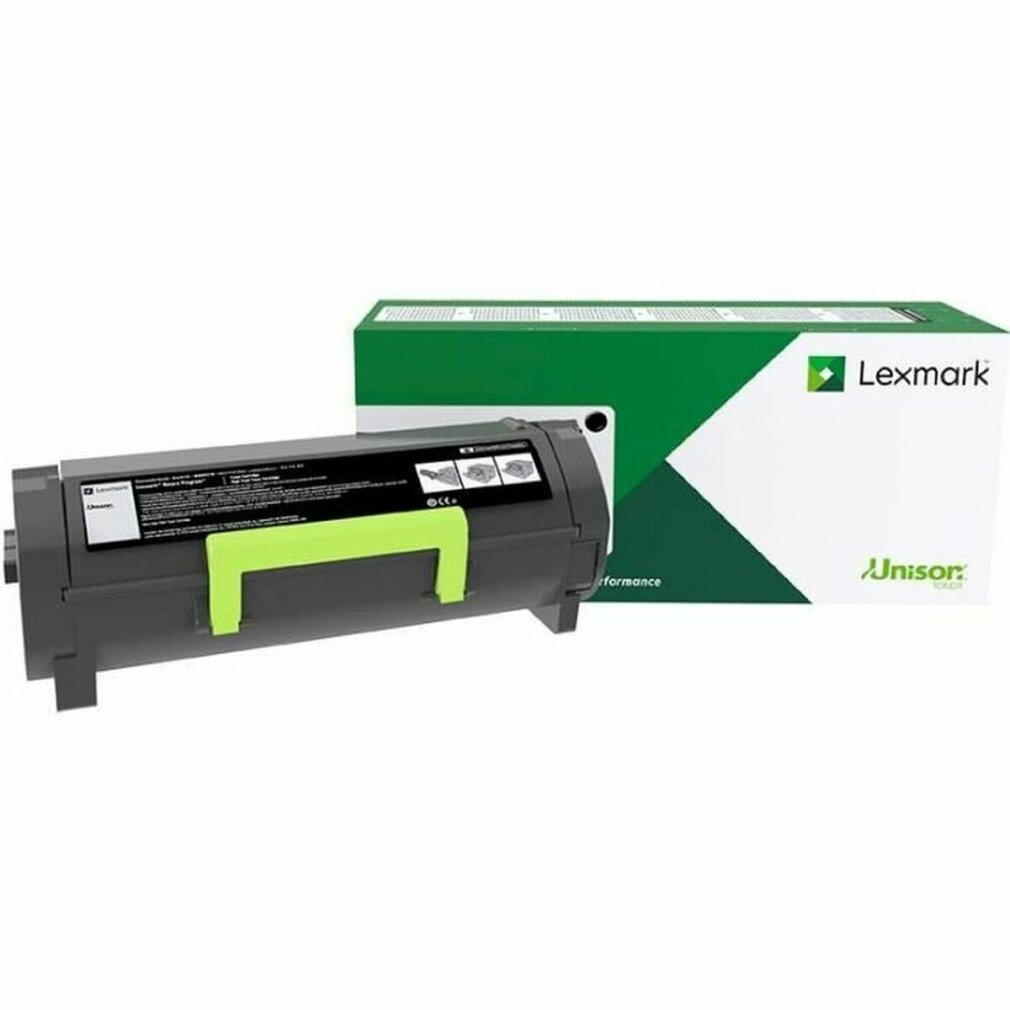 Czarny i zielony toner Lexmark z zieloną górą, obok pudełka Lexmark.