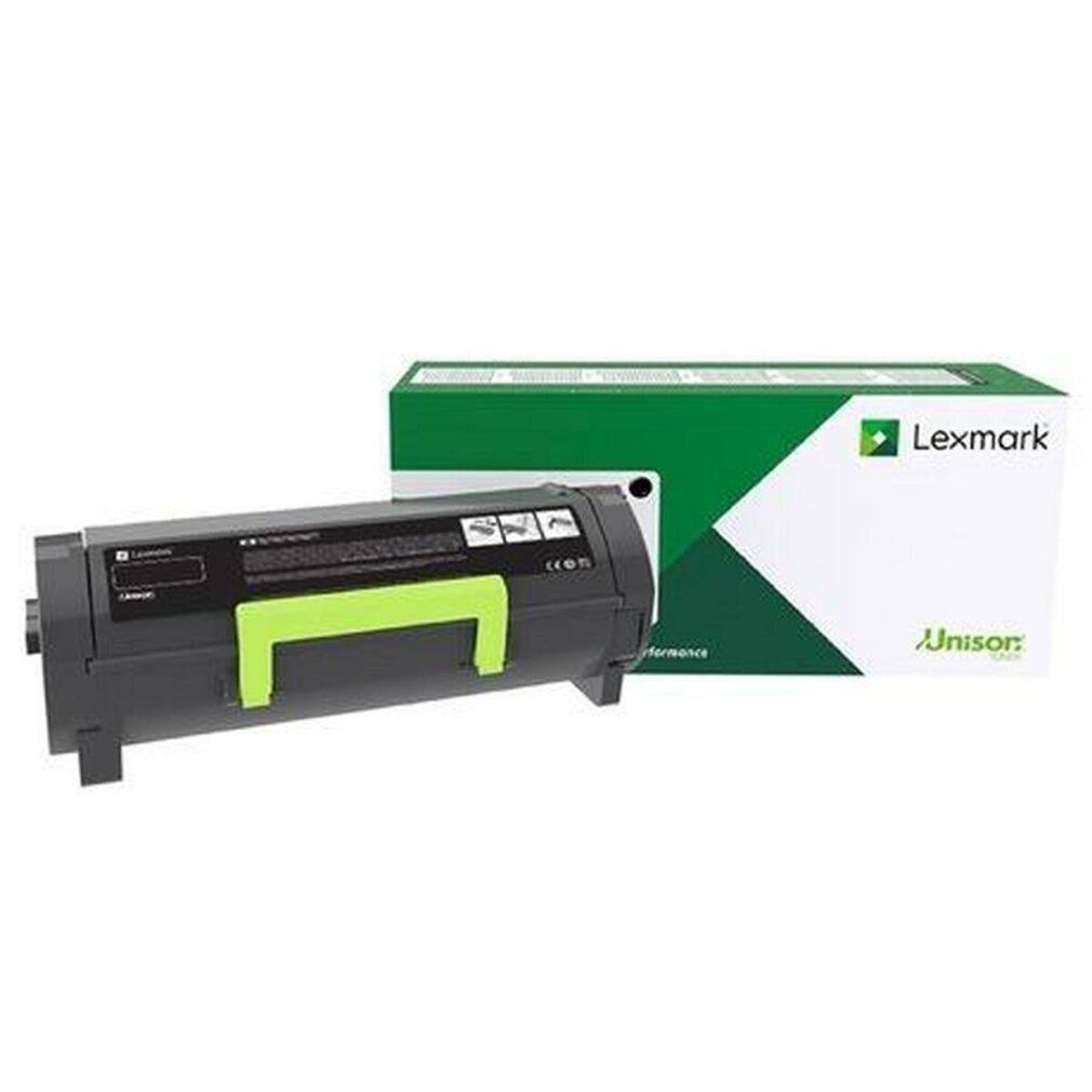 Czarny toner Lexmark z zielonym akcentem obok zielono-białego pudełka.