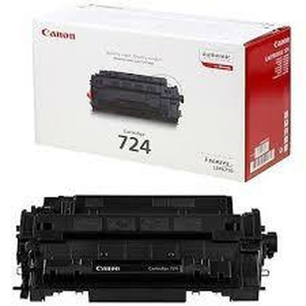 Zwarte Canon tonercartridge en doos op een witte achtergrond. De doos is rood en wit.