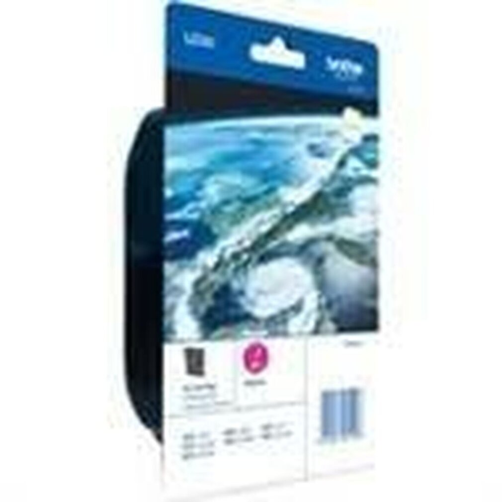 An ink cartridge in a box. The box is blue and has a picture of the Earth on it.