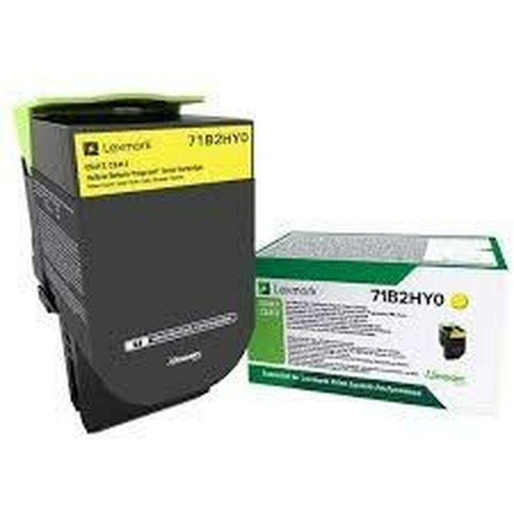 Un cartucho de tóner Lexmark negro y amarillo con etiqueta amarilla, junto a una caja Lexmark.