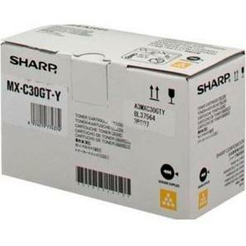 Een witte Sharp doos met de tekst 'MX-C30GT-Y' en barcodes op de zijkant. De doos is gesloten.