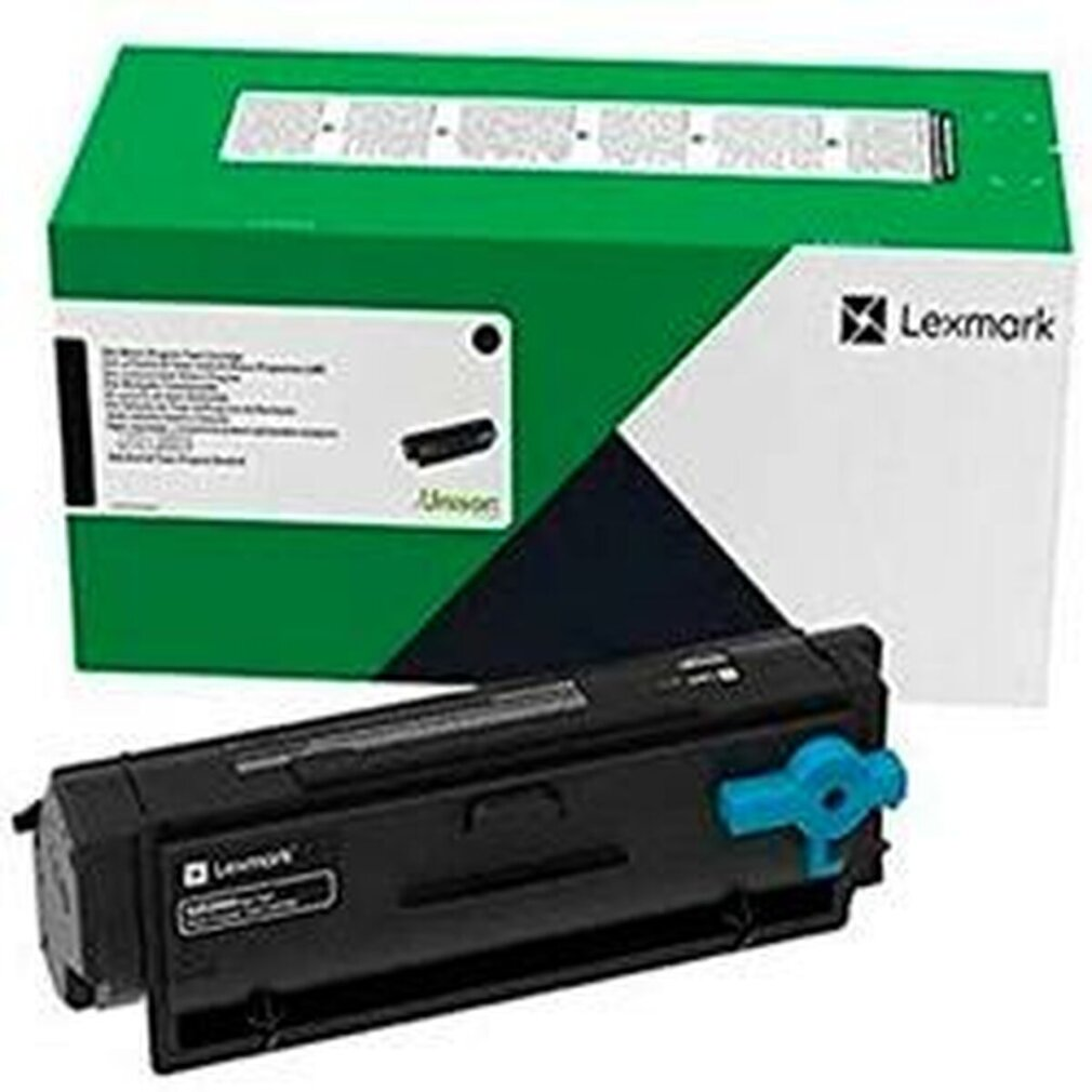 Cartouche de toner Lexmark noire avec une poignée bleue, à côté d'une boîte verte et blanche.