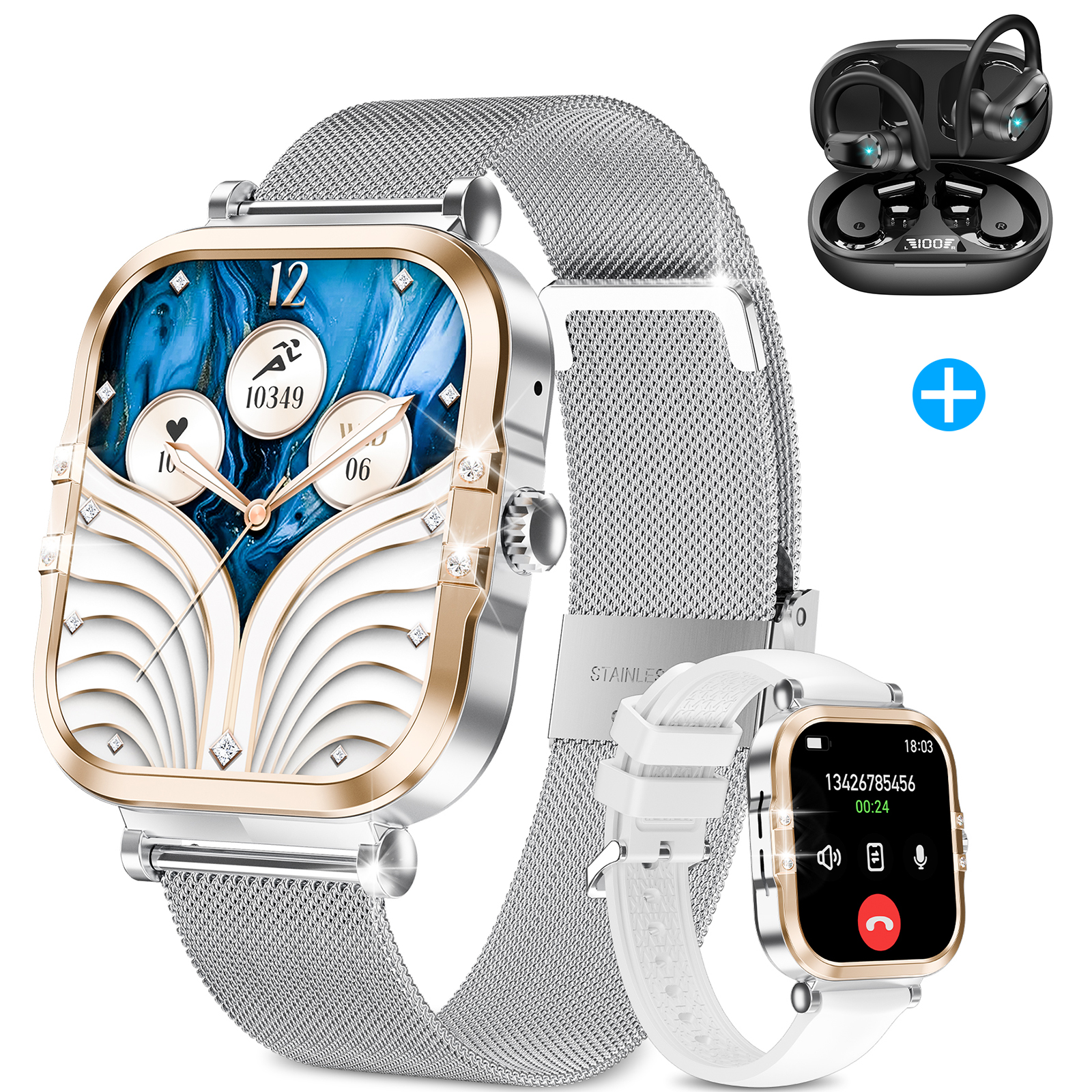 Eine gold-silberne Smartwatch mit silbernem Armband, mit Ohrhörern und einer kleineren Smartwatch.