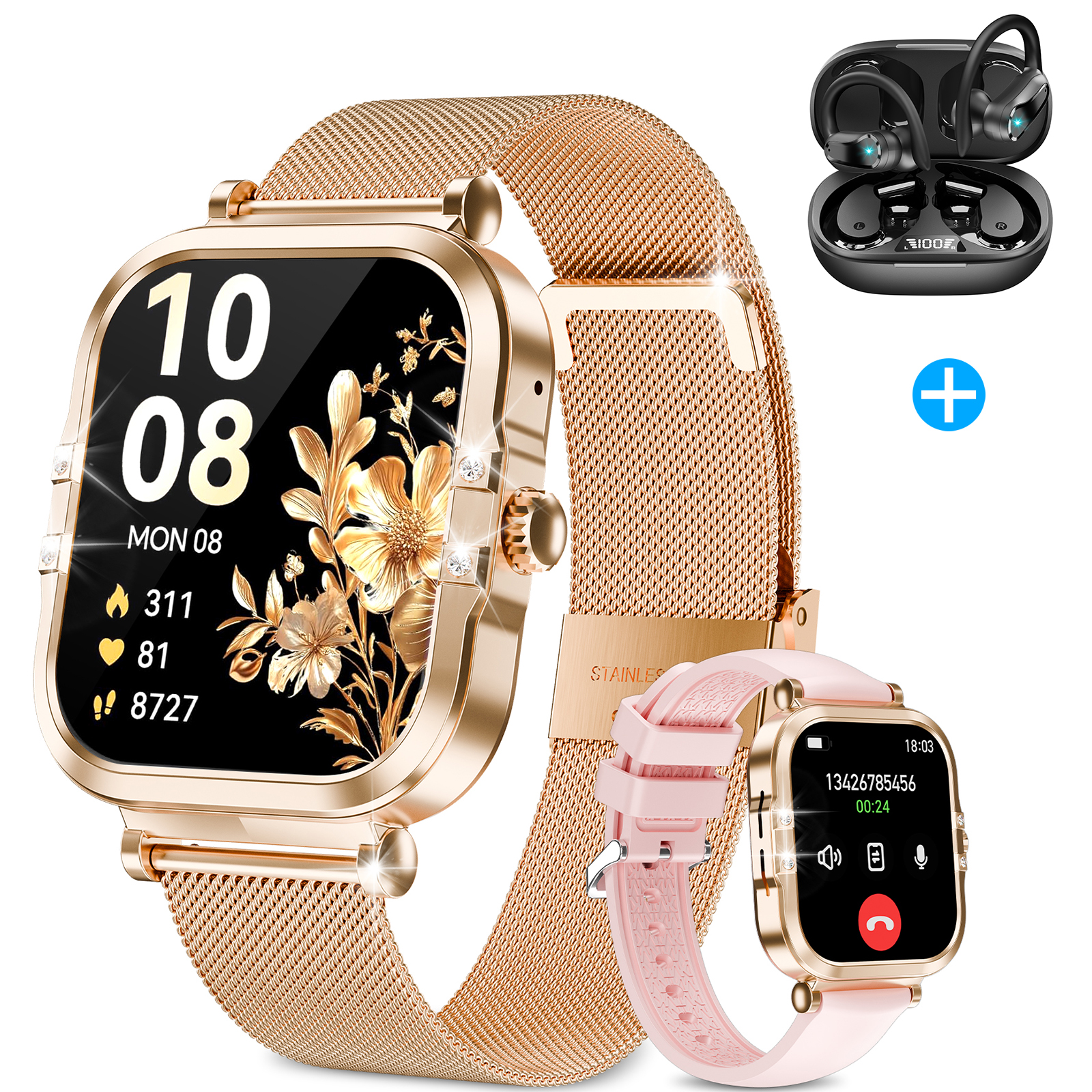 Eine goldene Smartwatch mit floralem Design auf dem Bildschirm, einem goldenen Mesh-Armband und einem rosa Armband mit einer kleinen Uhr.