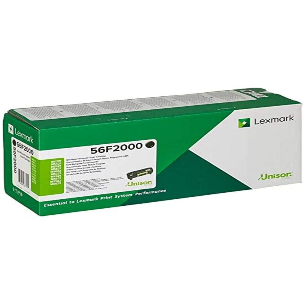 Eine Lexmark-Drucker-Tonerkartuschenbox. Die Box ist grün und weiß, mit Text und einem teilweise sichtbaren Toner darin.