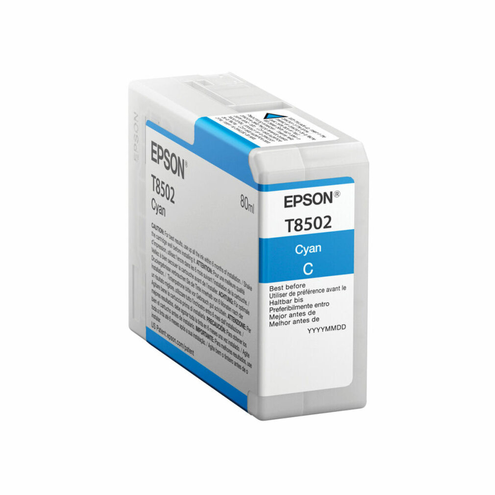 Epson Cyan Tintenpatrone, weißes und blaues Etikett, 80ml, weißer Hintergrund.
