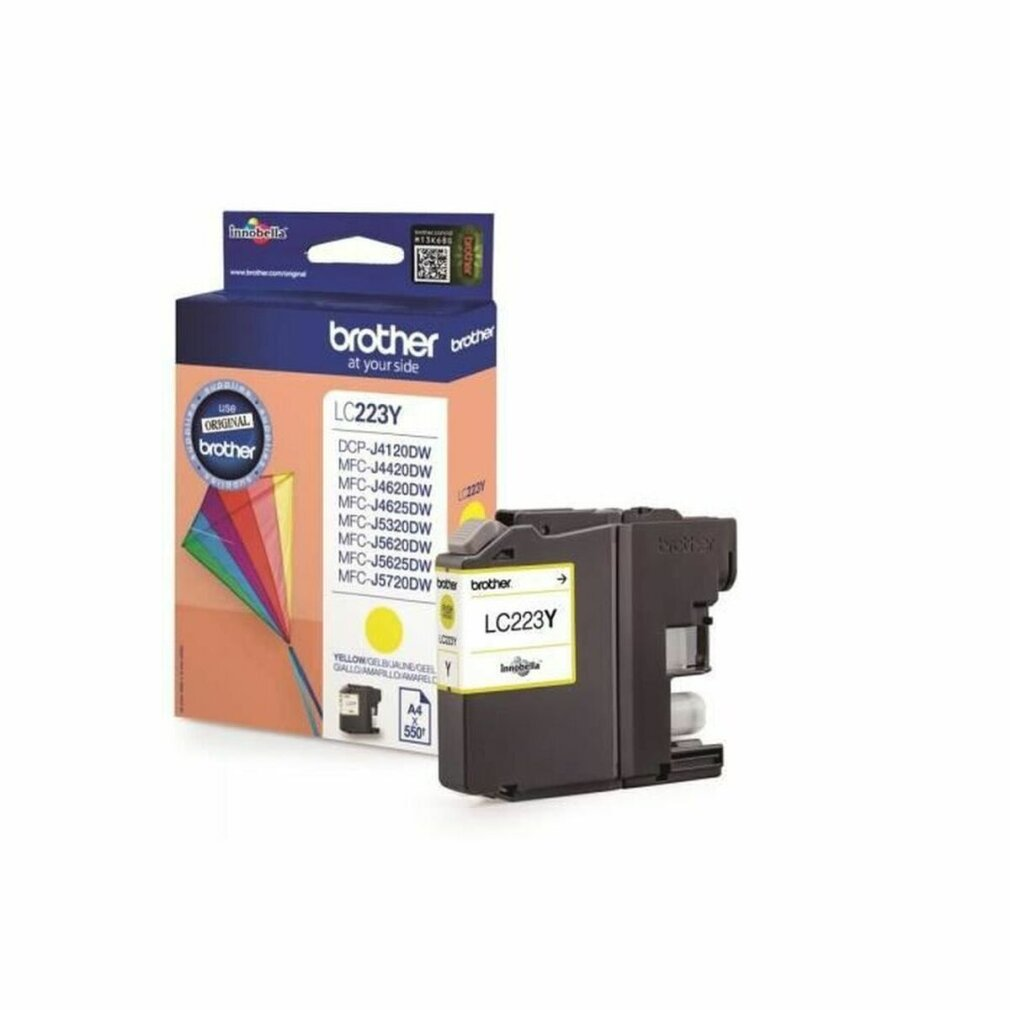 A Brother yellow ink cartridge box with the cartridge visible next to it.