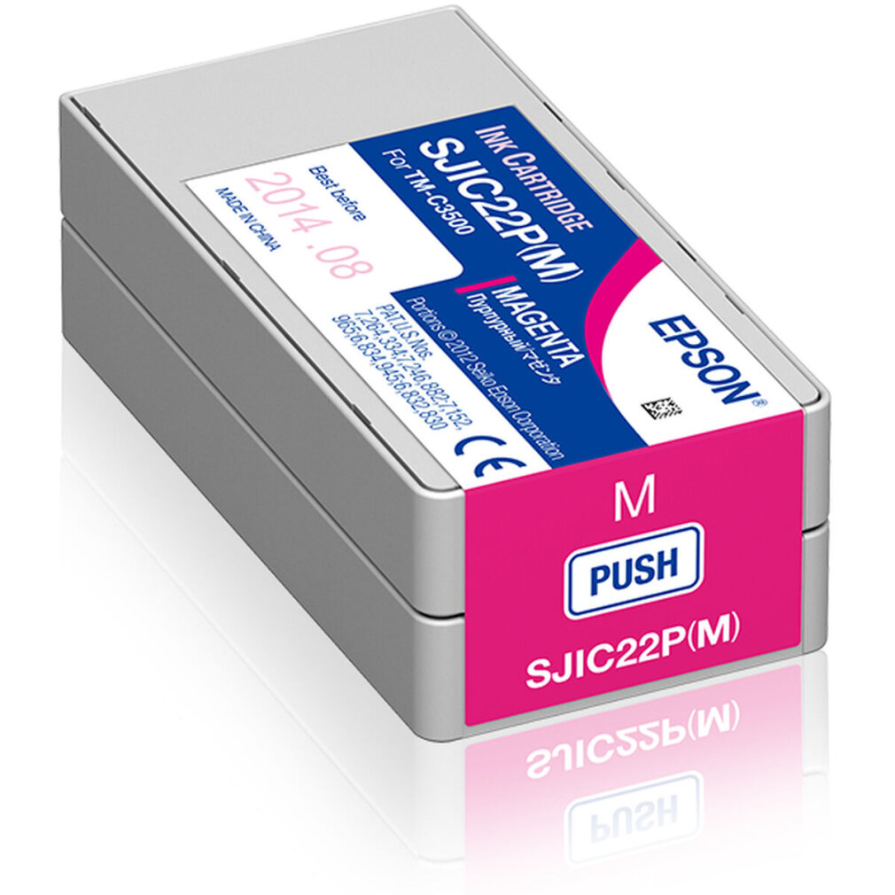 Una cartuccia d'inchiostro magenta Epson, parzialmente visibile, che mostra l'area di pressione.