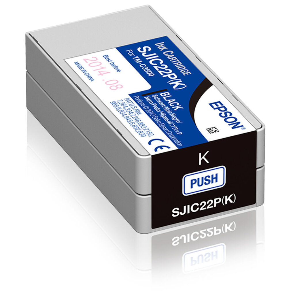 Epson schwarze Tintenpatrone, schwarz und grau. Die Box hat weißen Text, mit weißem Hintergrund.