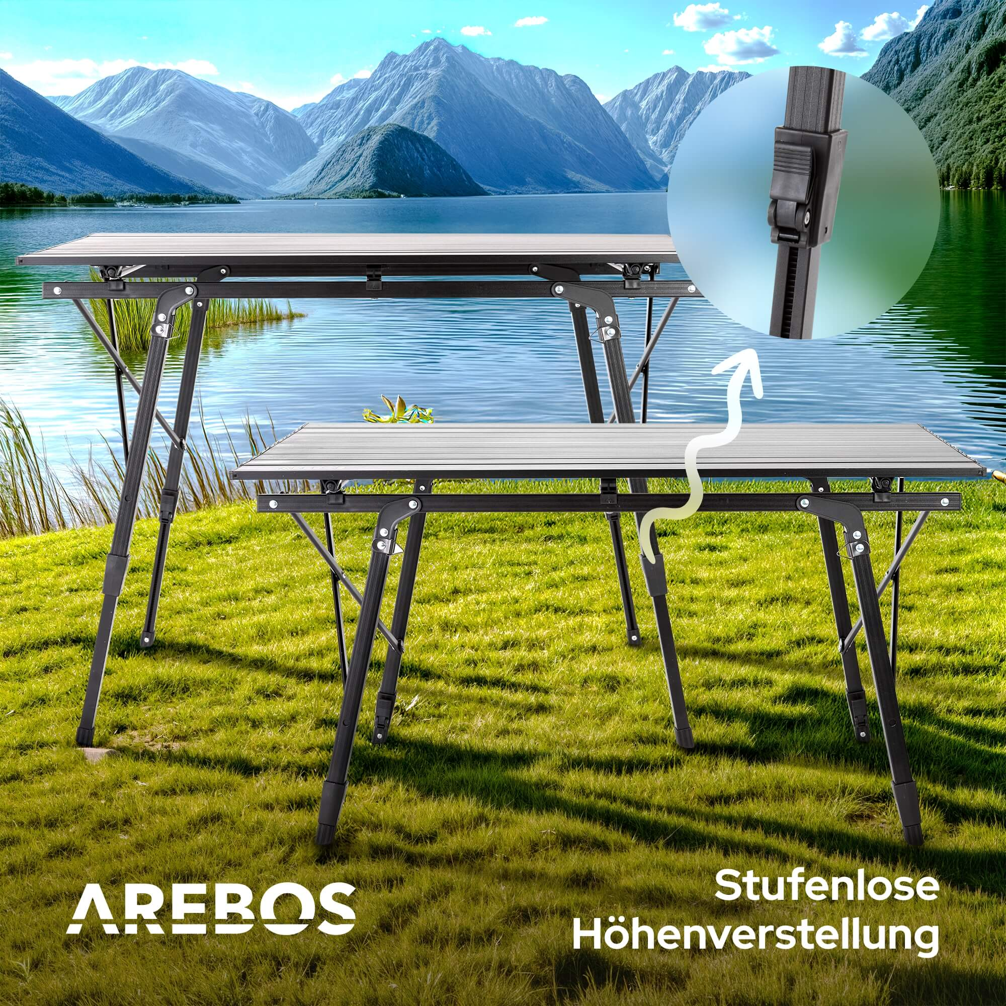 Zwei Klapptische auf Gras mit See und Bergen im Hintergrund. Ein Pfeil zeigt auf einen Verschluss.