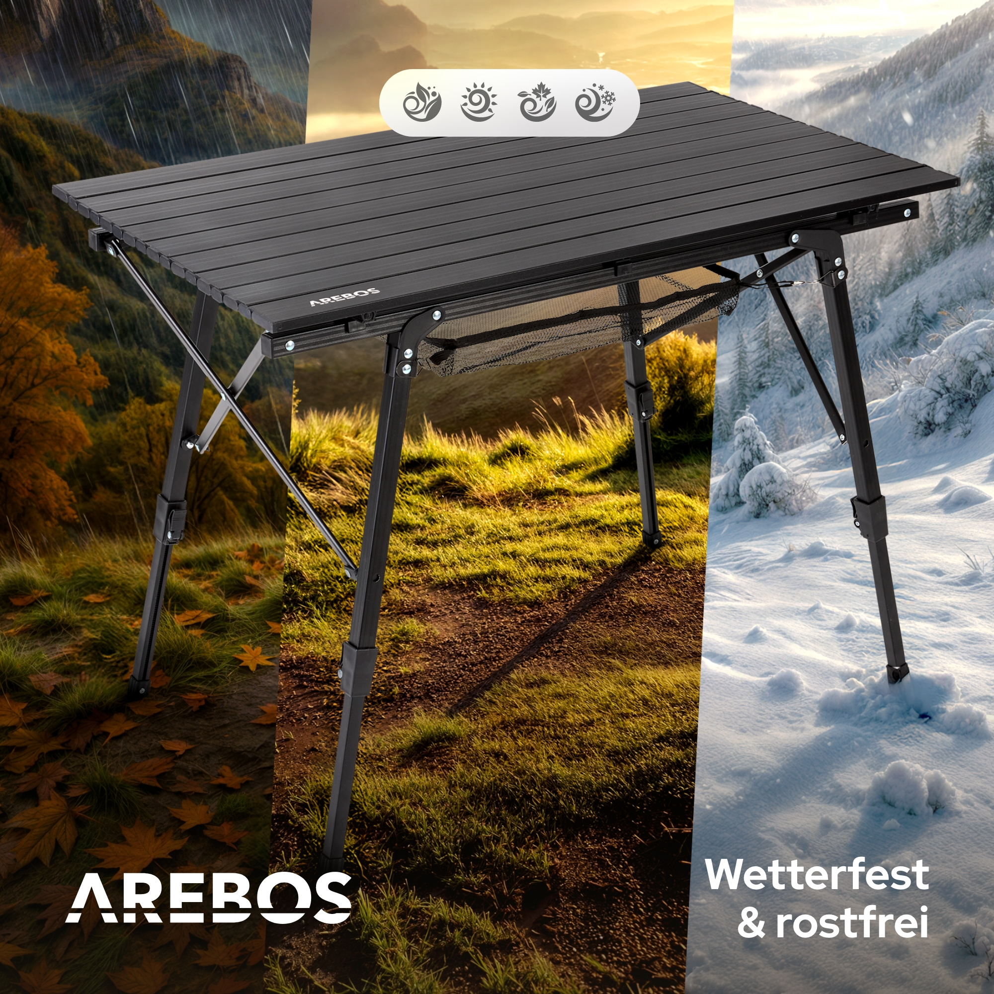 Schwarzer Klapptisch mit verschiedenen Wettersymbolen. Der Tisch vor verschiedenen Hintergründen.