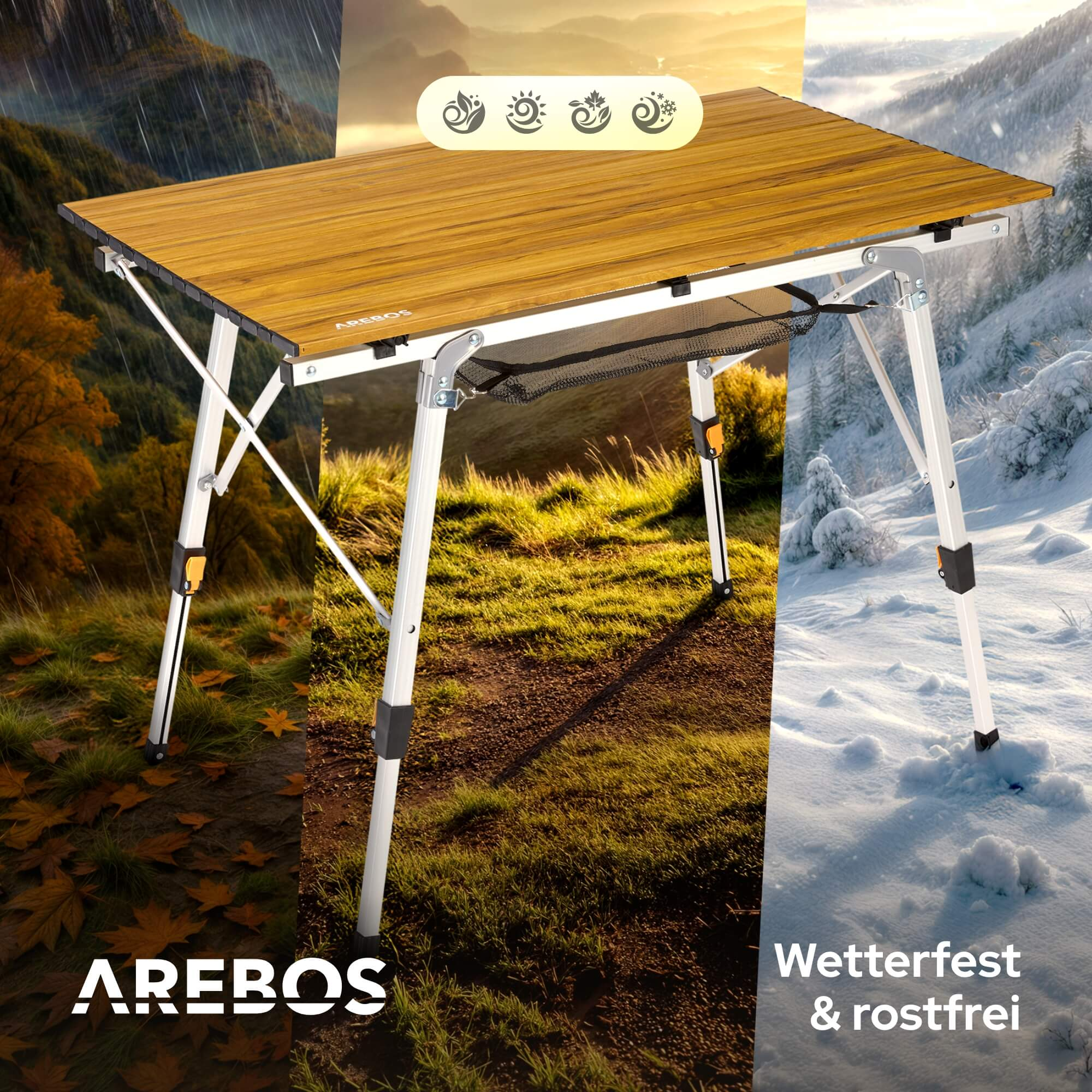 Klapptisch mit Wettersymbolen. Der Tisch wird vor verschiedenen Wetterhintergründen angezeigt.
