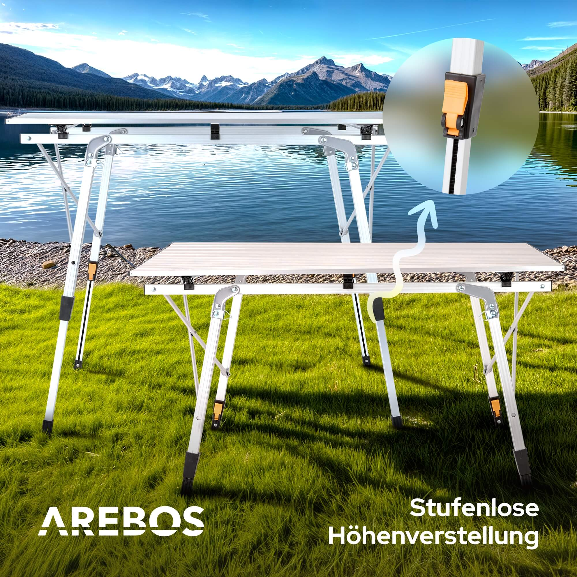 Zwei Klapptische am See. Detail zur höhenverstellbarkeit und AREBOS Logo.