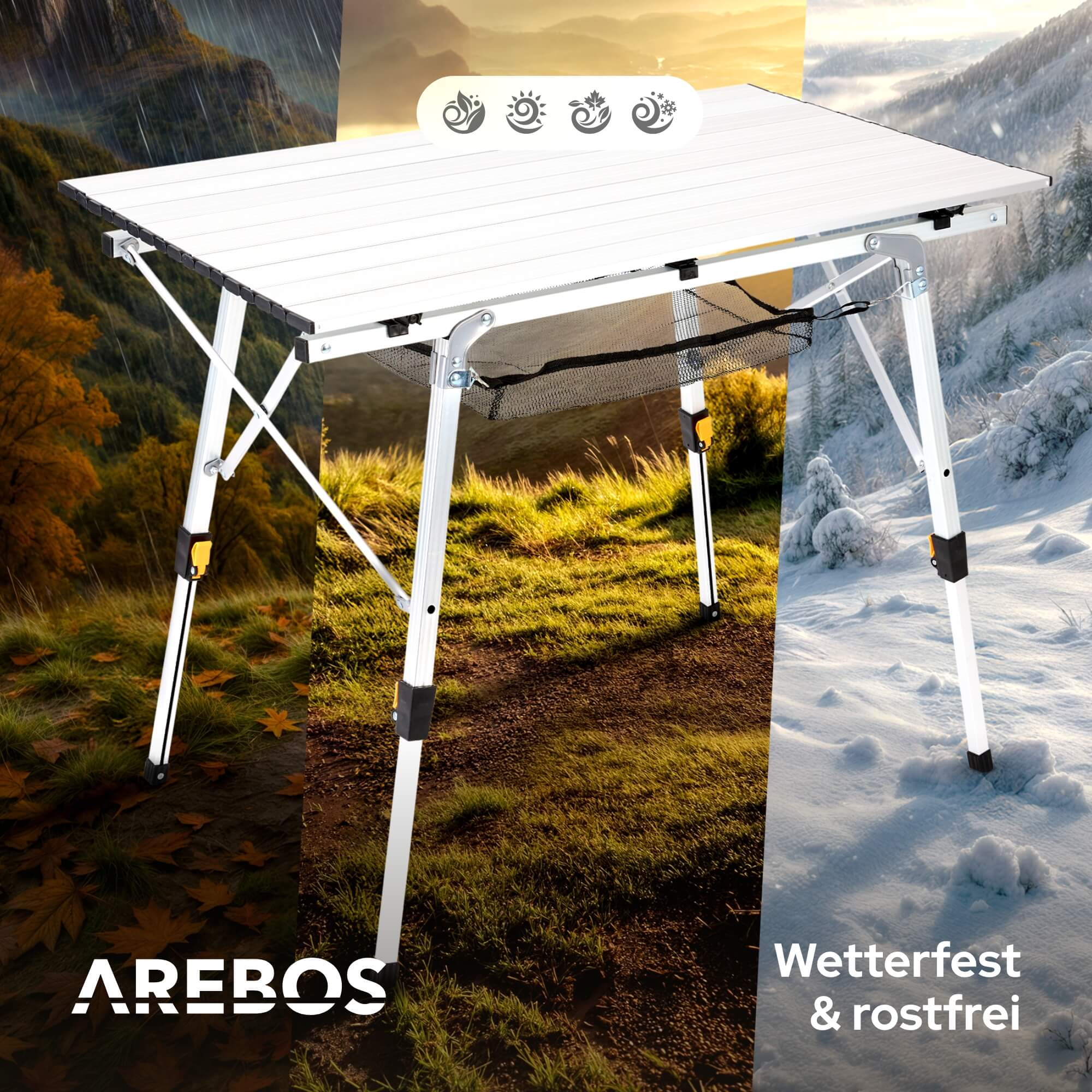 Ein Klapptisch vor saisonalen Hintergründen, mit Wetter-Icons und AREBOS Logo.