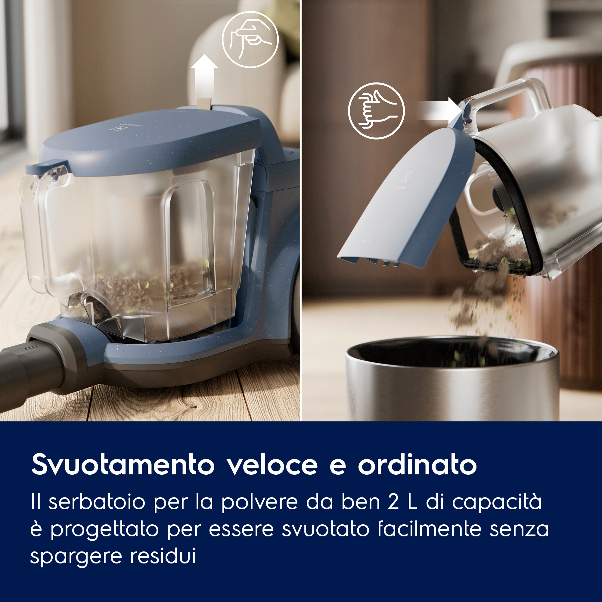 Due immagini che mostrano un aspirapolvere blu con un contenitore della polvere trasparente in fase di svuotamento. Detriti visibili.