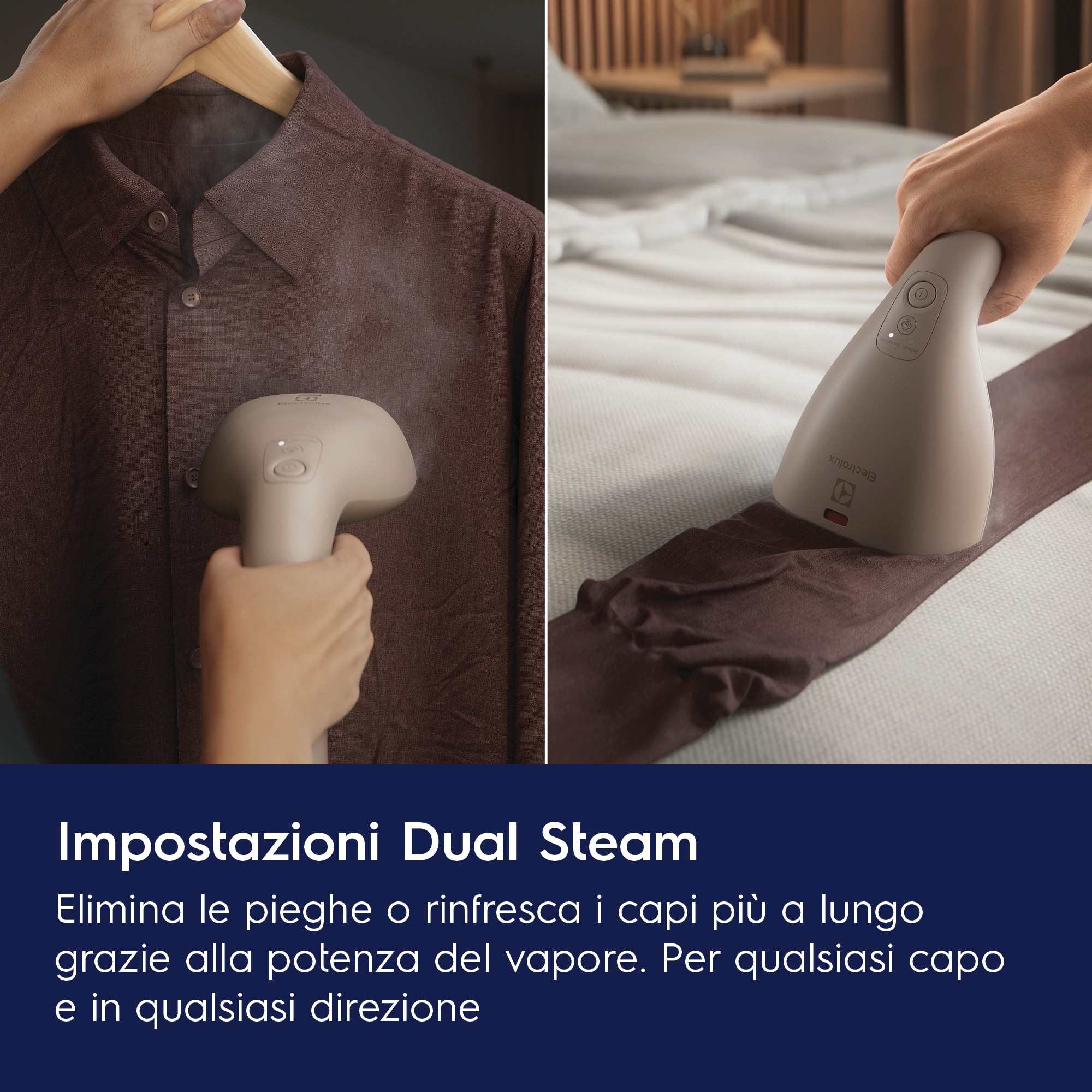 Persona che usa un vaporizzatore per togliere le pieghe da una camicia. Lo sfondo è un letto.