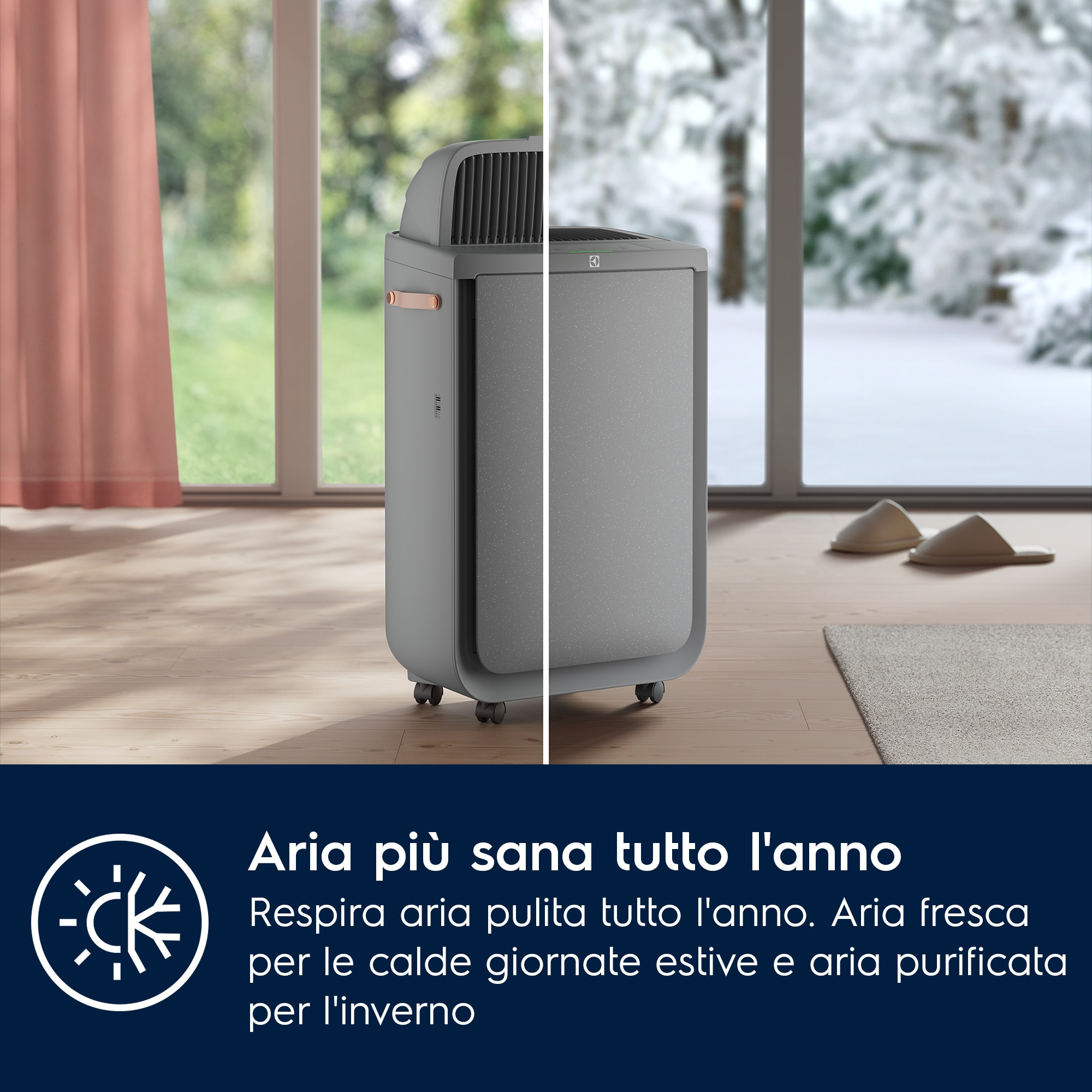 Un purificatore d'aria è vicino a una finestra. Fuori, un lato mostra una scena estiva, l'altro invernale. Il testo dice: aria più sana tutto l'anno.