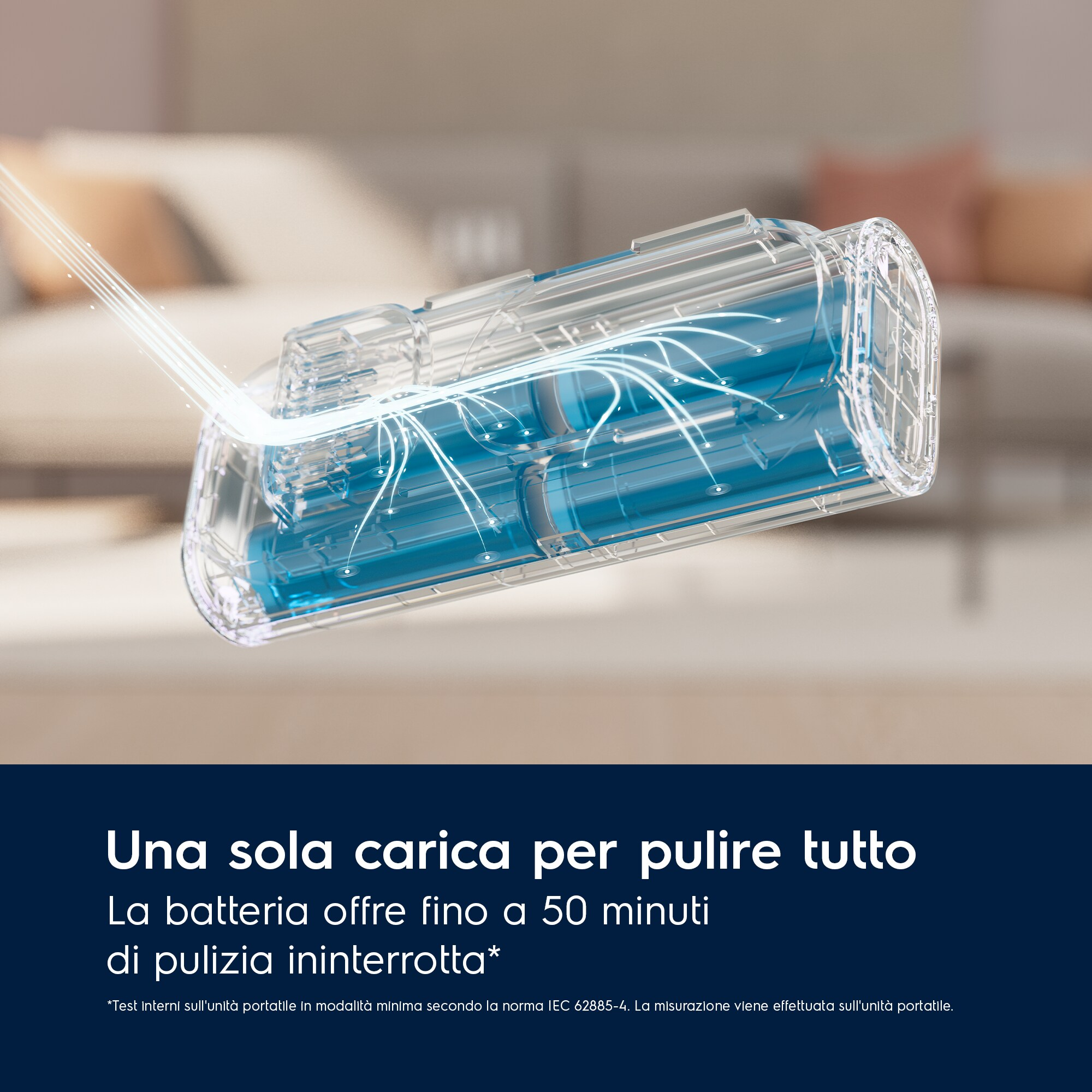 Ein transparenter Staubsaugerteil mit blauen Batterien im Inneren und weißen Linien, die den Luftstrom zeigen.