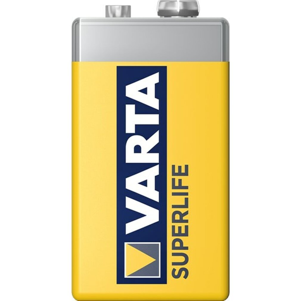 Gele batterij met zwart-witte tekst. Varta Superlife staat erop afgedrukt.