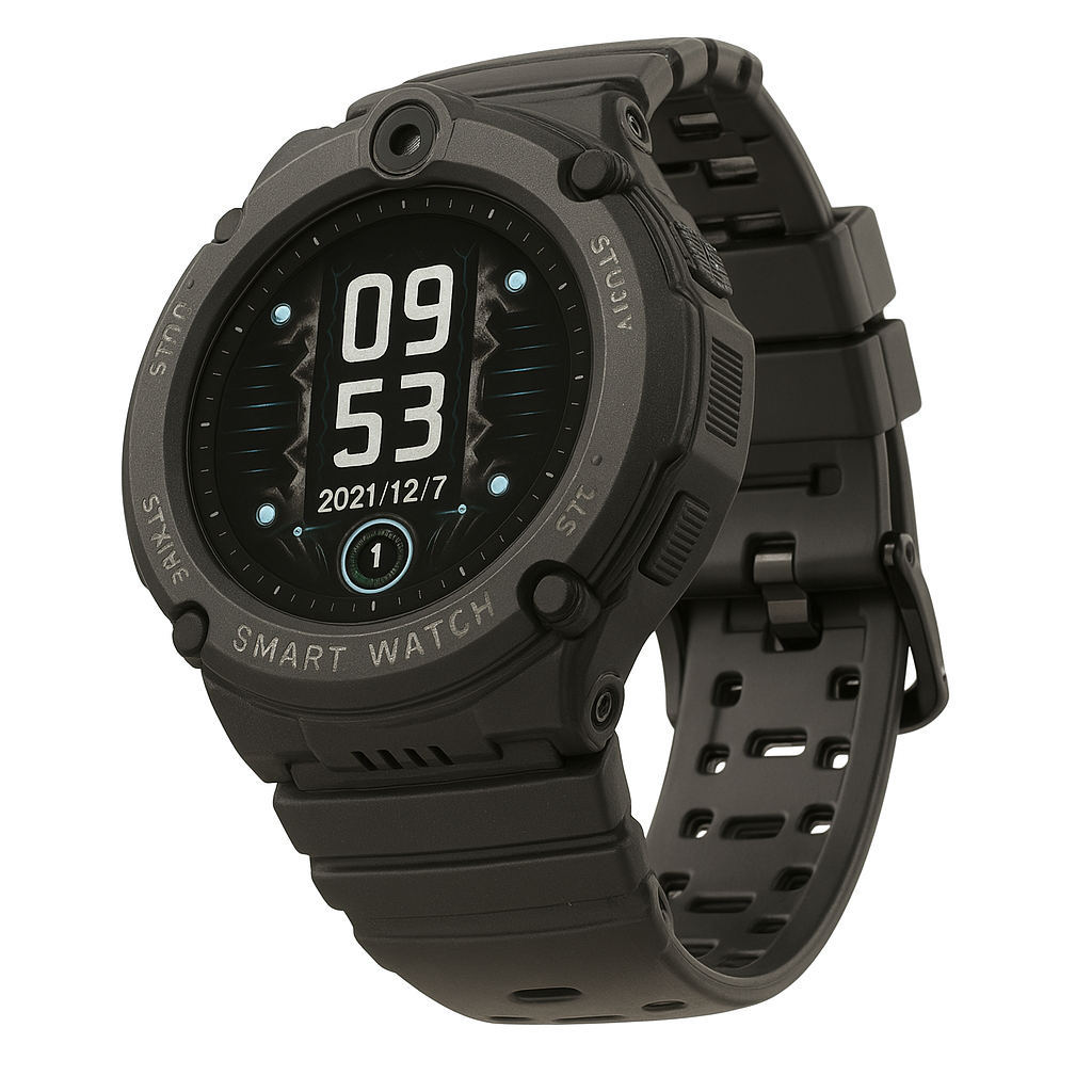 Czarny smartwatch wyświetlający czas, datę i statystyki. Czarny pasek, okrągła tarcza.