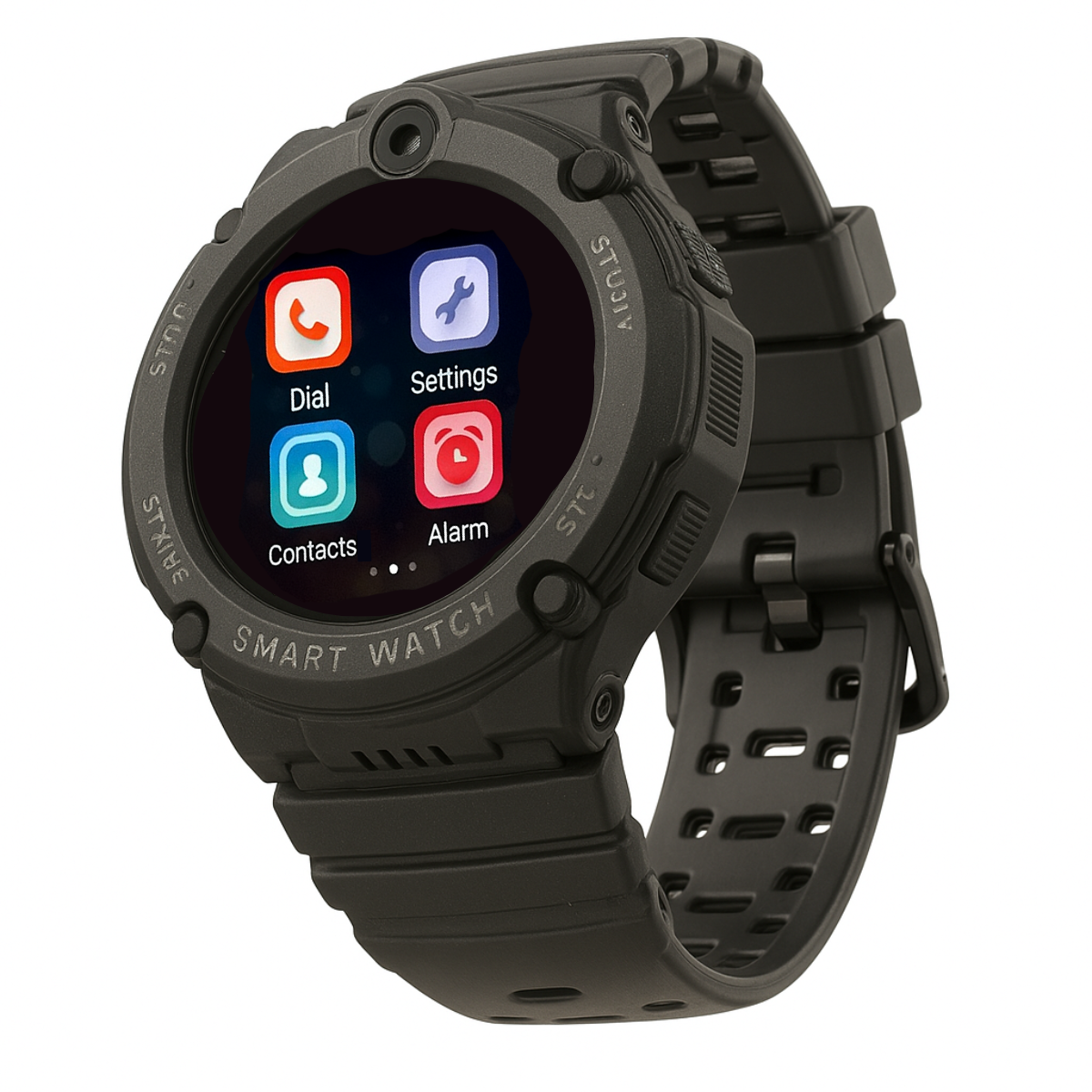 Czarny smartwatch z ikonami aplikacji do wybierania numeru, ustawień, kontaktów i alarmu.