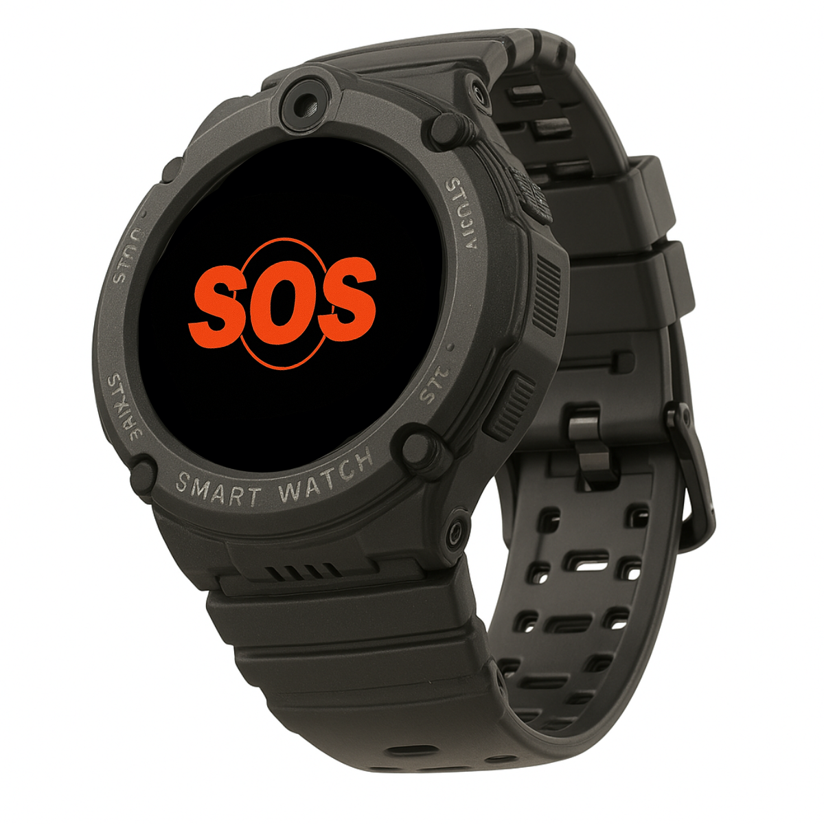 Czarny smartwatch z napisem SOS na ekranie. Czarny pasek, okrągła tarcza.