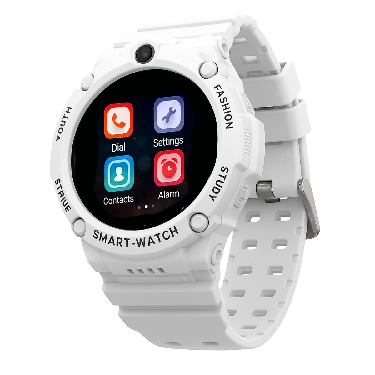 Biały smartwatch z ikonami aplikacji: wybieranie numeru, ustawienia, kontakty i alarm.