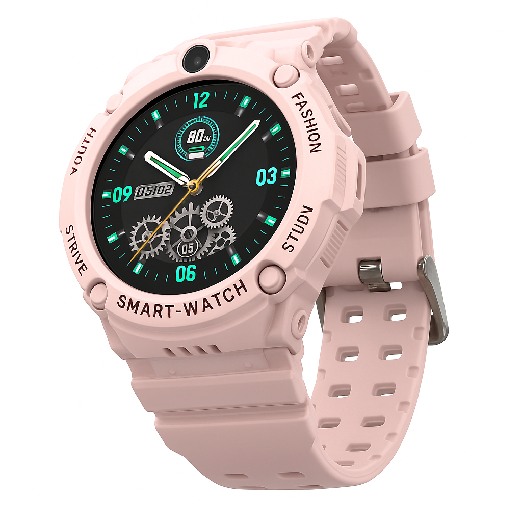 Różowy Smartwatch. Pokazuje czas, poziom baterii i grafikę zębatek na okrągłej tarczy.